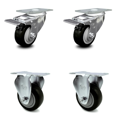 3 Inch Black Polyurethane Swivel Top Plate Caster Lock Brakes 2 Rigid SCC, 2PK